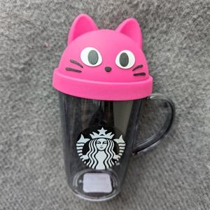 Starbucks Asia black 10oz glass cup with pink silicone cat lid BNWT